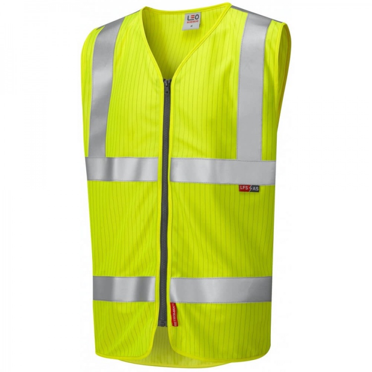 Leo Workwear W25-Y Jacobstowe ISO 20471 Cl 2 LFS AS Waistcoat Zip EN 14116 EN 1149 Yellow